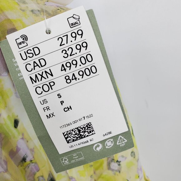 NWT H&M Yellow Floral Print Tie Front Trumpet Sleeve Sheer Fairy Top Shirt Small - Picture 5 of 10